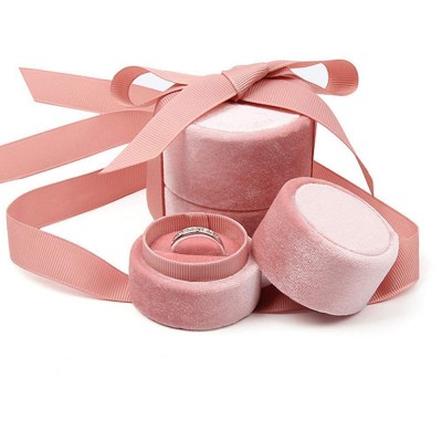 Wholesale Custom Pink Round Jewelry Boxes Gift Ring Box Velvet With Ribbon